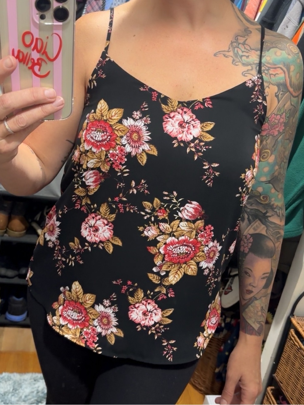 Black Floral Spaghetti-Strap Tank